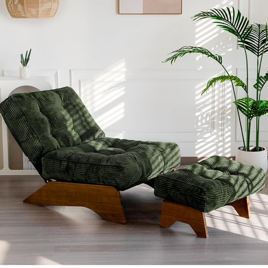 Decorative armchair with ottoman and adjustable backrest, tufted living room chair, recliner with footrest, modern and cozy reclining chair, for a reading room, green