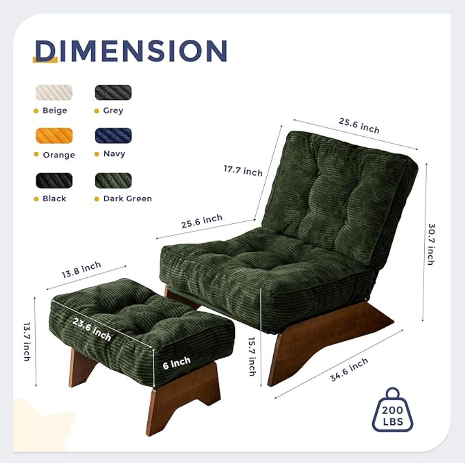 Decorative armchair with ottoman and adjustable backrest, tufted living room chair, recliner with footrest, modern and cozy reclining chair, for a reading room, green