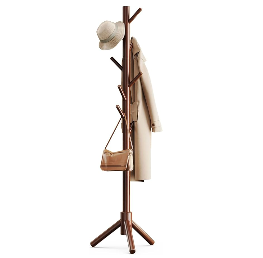 Sturdy wooden coat rack with 8 hooks, 3 adjustable sizes for clothing, hat rack, suitable for bedrooms, offices, and entryways, brown