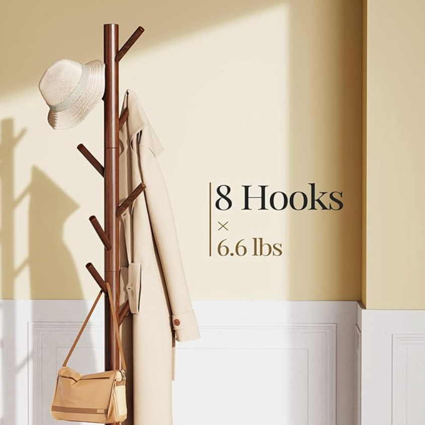 Sturdy wooden coat rack with 8 hooks, 3 adjustable sizes for clothing, hat rack, suitable for bedrooms, offices, and entryways, brown