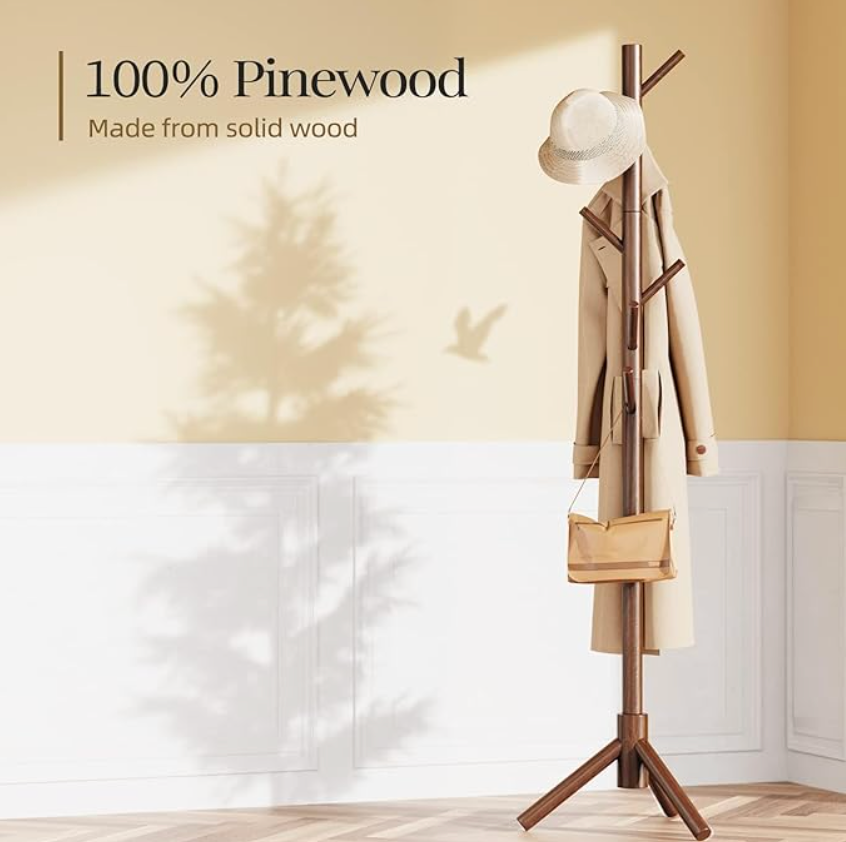 Sturdy wooden coat rack with 8 hooks, 3 adjustable sizes for clothing, hat rack, suitable for bedrooms, offices, and entryways, brown