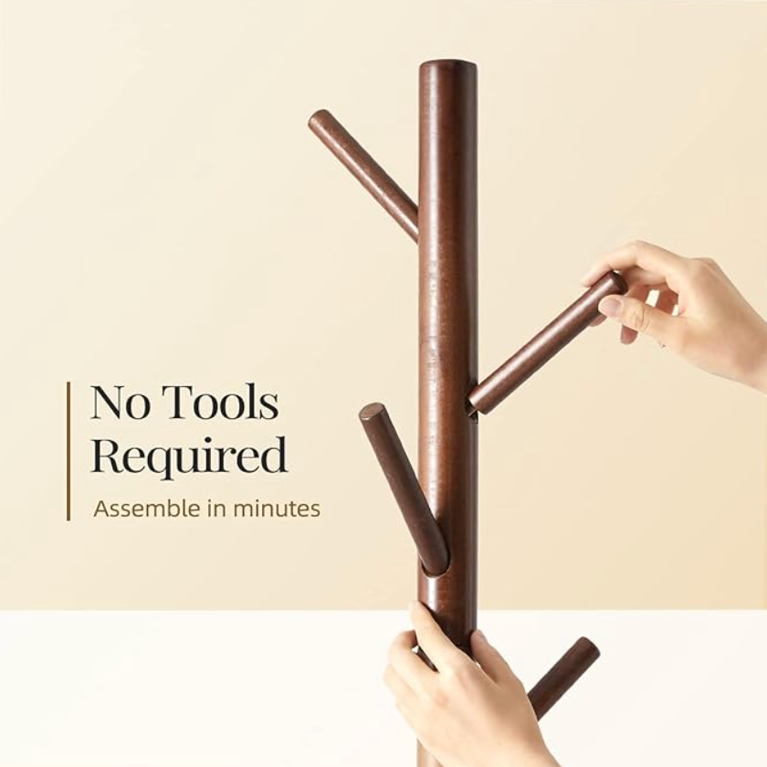 Sturdy wooden coat rack with 8 hooks, 3 adjustable sizes for clothing, hat rack, suitable for bedrooms, offices, and entryways, brown