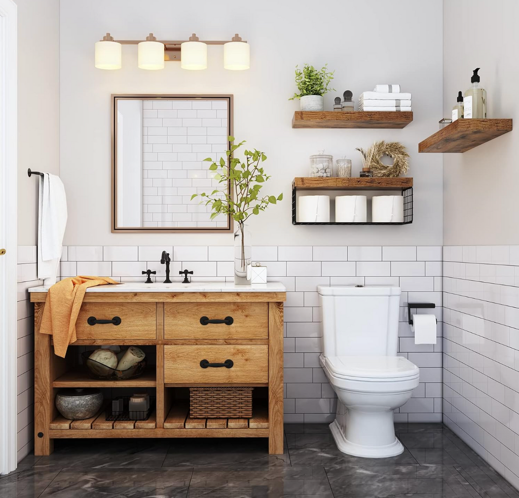 Bathroom shelves above the toilet, wall-mounted floating shelves, toilet paper storage, small rustic-style shelf...