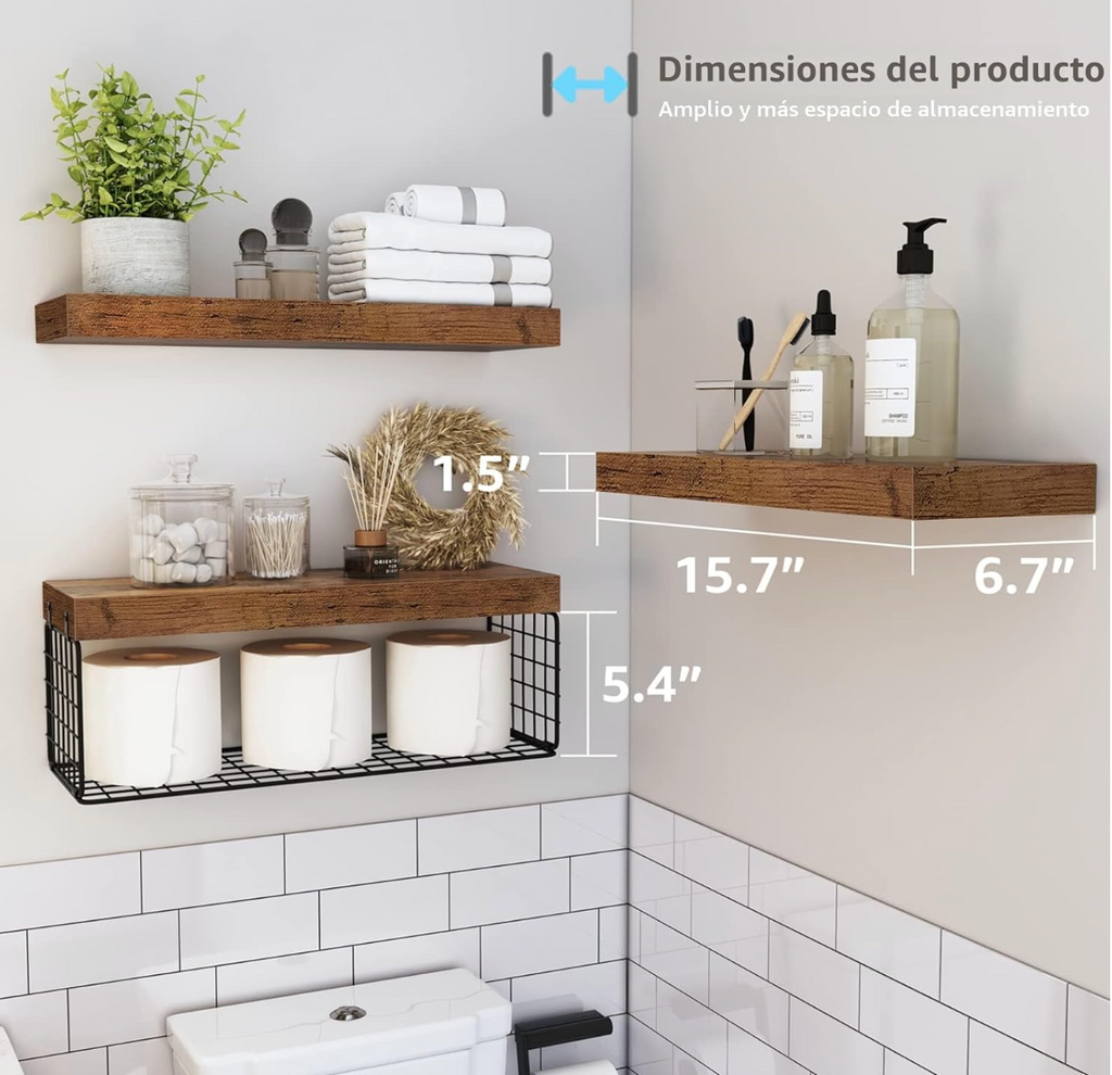 Bathroom shelves above the toilet, wall-mounted floating shelves, toilet paper storage, small rustic-style shelf...