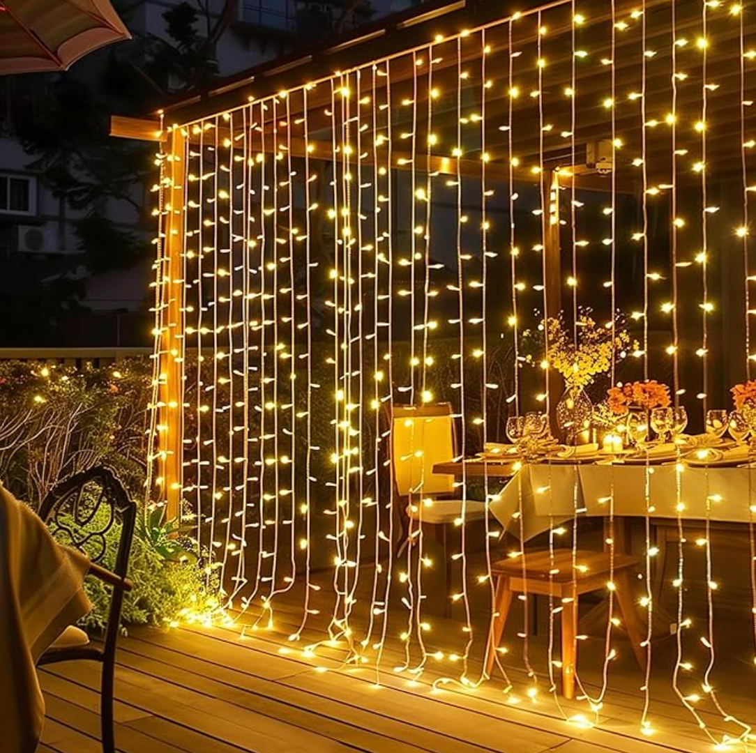 Dazzle Bright - 300-Light LED Christmas Curtain String Lights; hanging, plug-in; for outdoor use, windows, walls, weddings, patios, indoor use, bedrooms, parties, decoration, warm white.